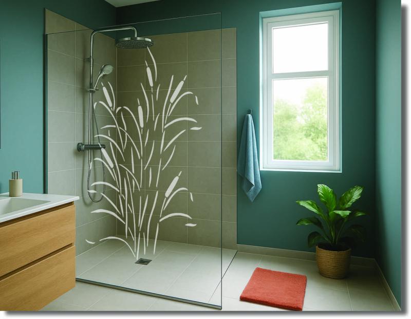 Duschfolie mit dem Motiv Sanftes Röhricht als eleganter Sichtschutz für moderne Glasduschen und Duschabtrennungen nach Maß.